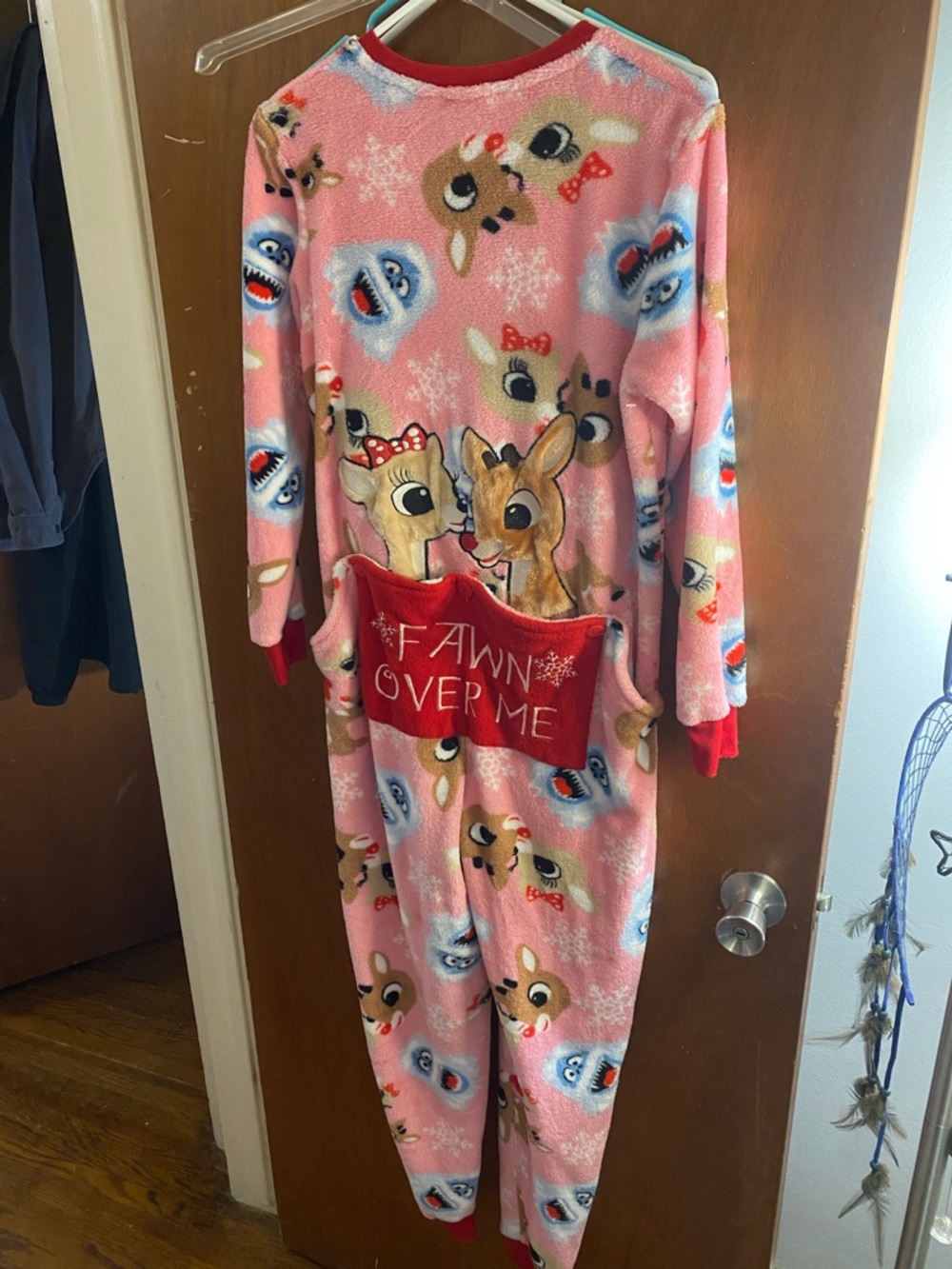 Pink Rudolph and Fawn Print Holiday Onesie with Back Pocket